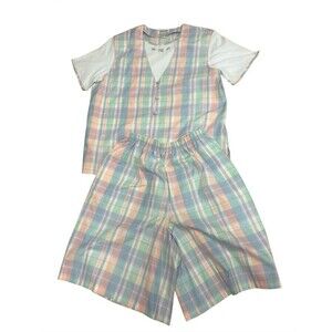 VTG Alfred Dunner Pastel Rainbow Plaid Vest w/attached Tee Shorts Set Size Large